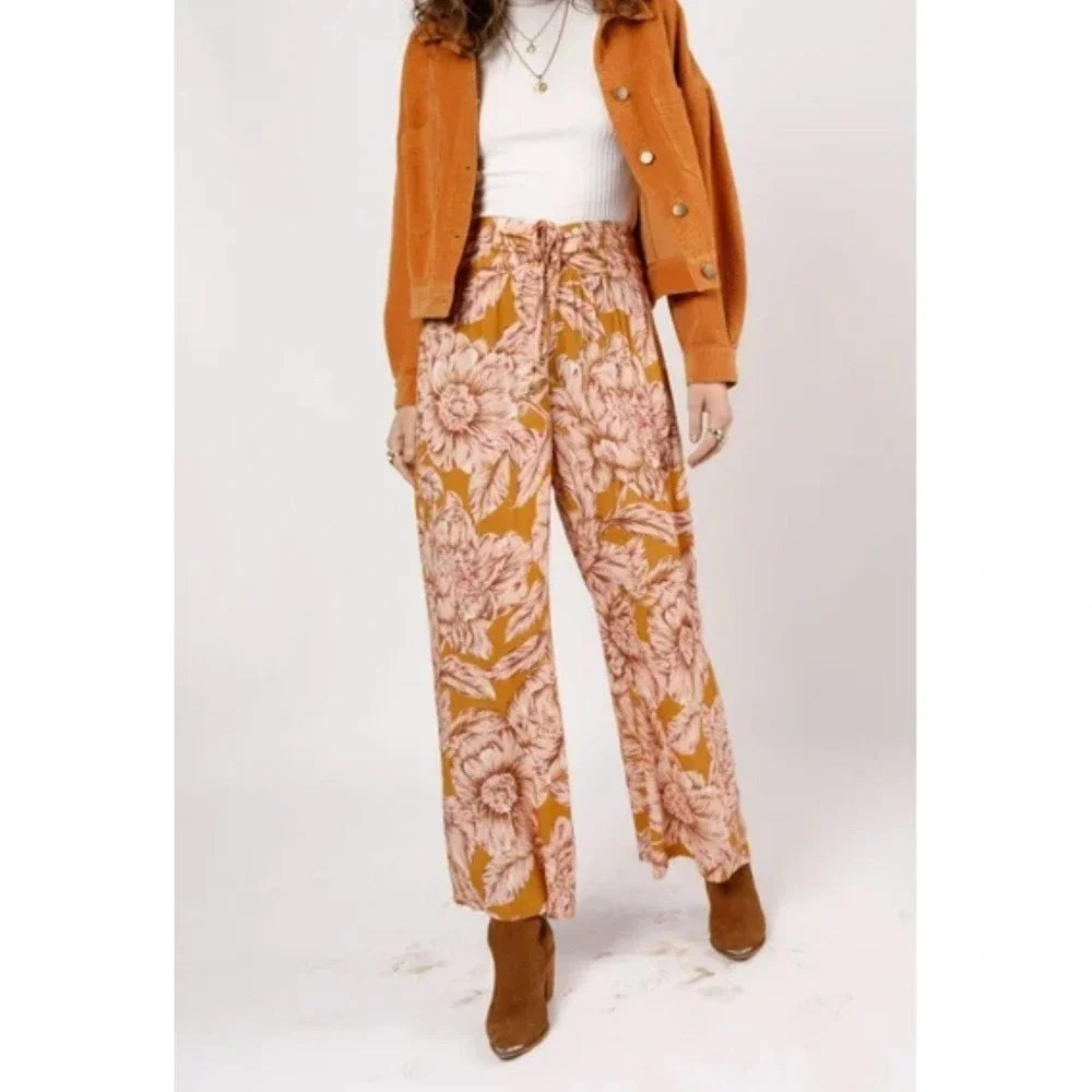 2/$30 New with tag Band of The Free Tan Arizona Gold Floral Wide Leg Pants Small - Picture 3 of 9